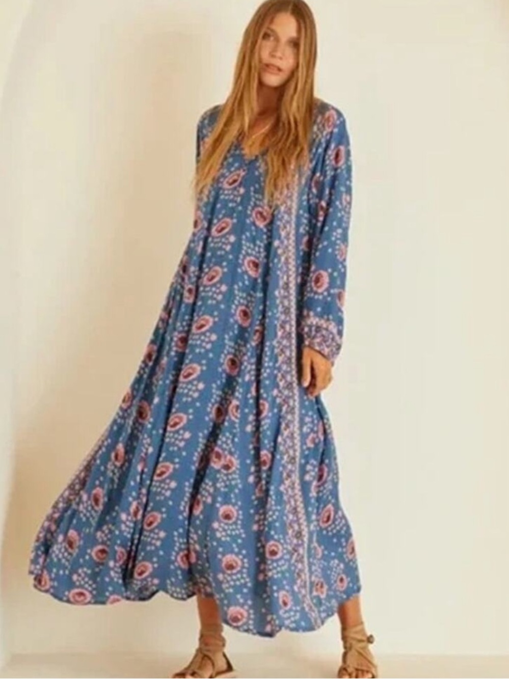 Natalie Martin Blue Floral Maxi Dress with Pink Accents